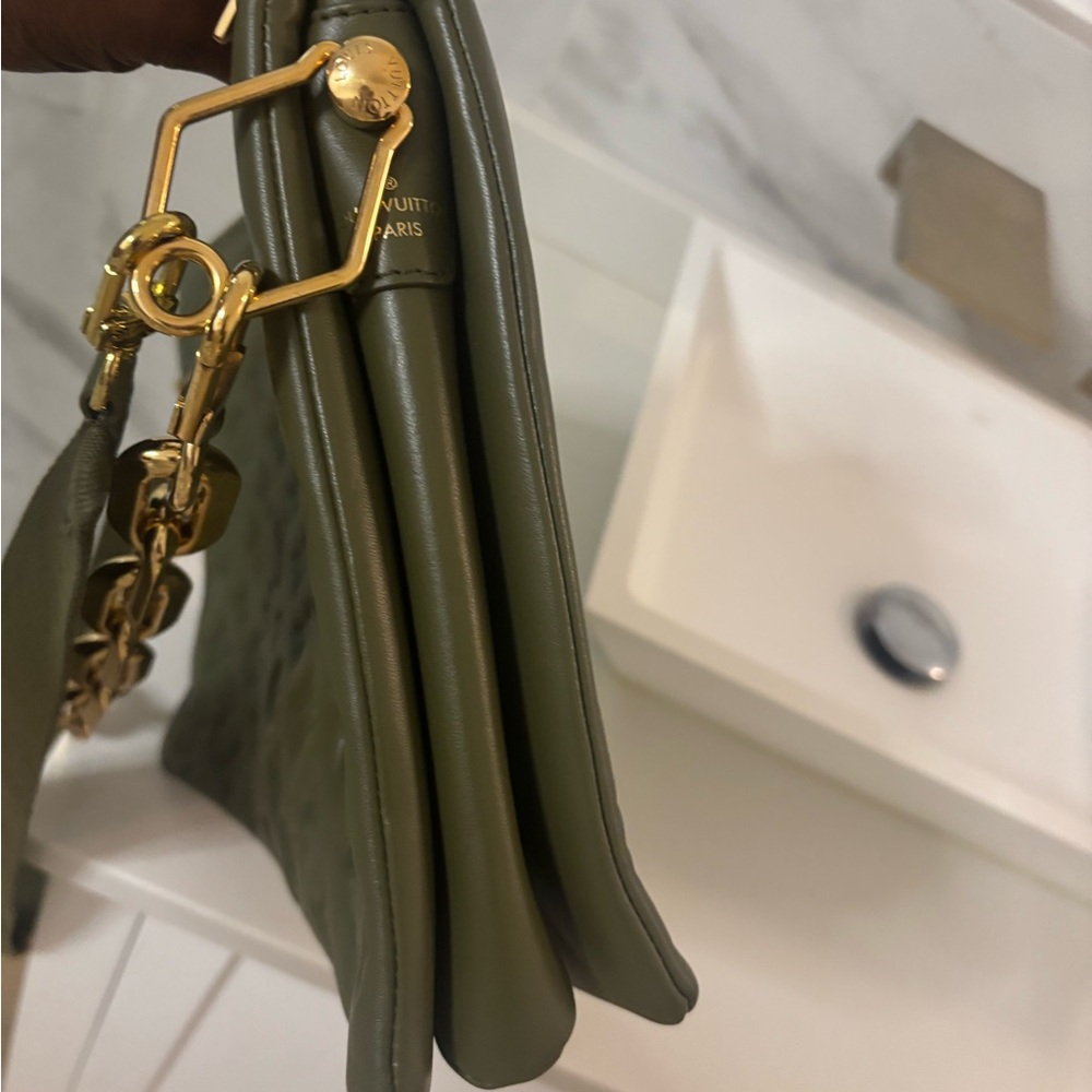 Louis Vuitton Khaki Green Clutch with Gold Accents